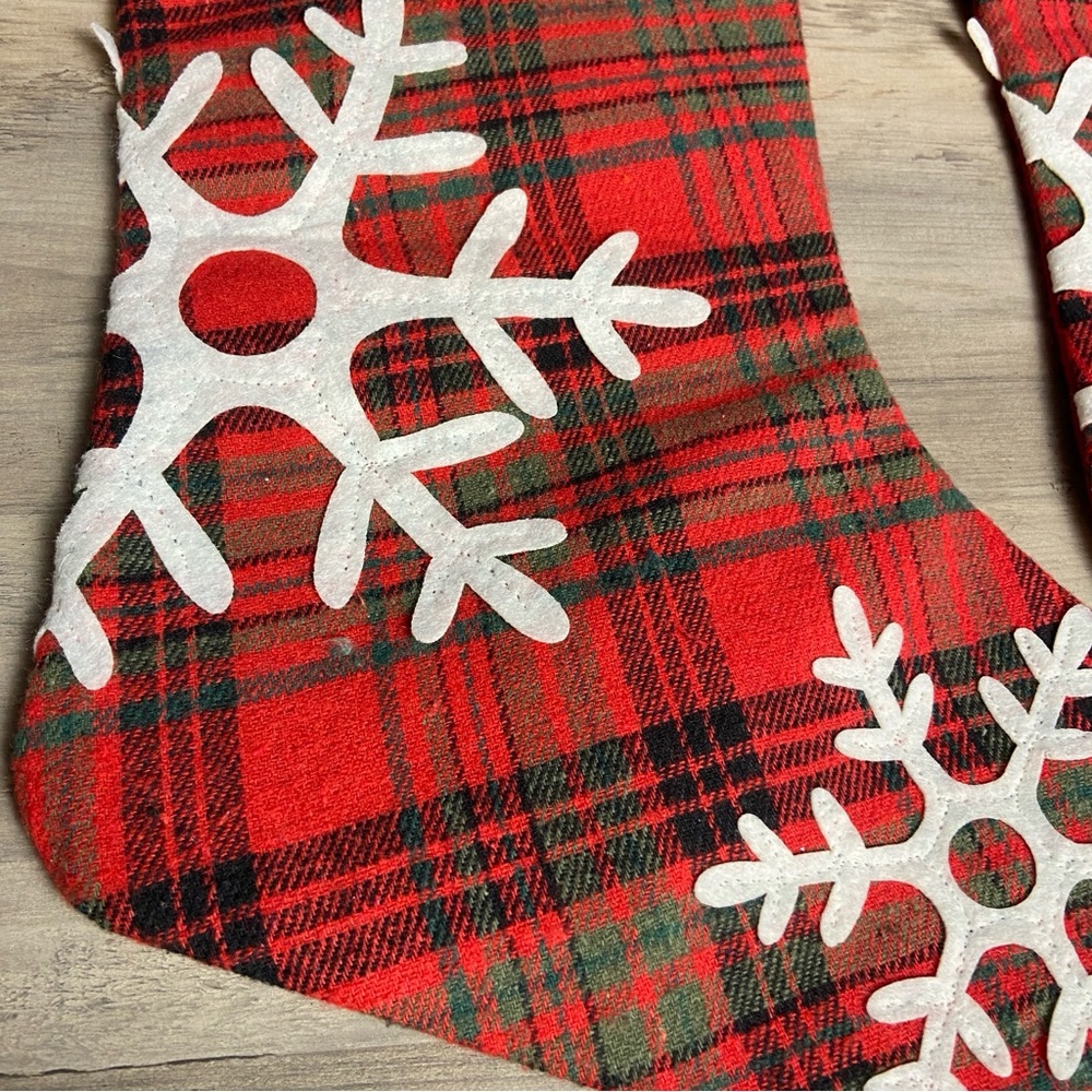 Christmas Stockings Set of 2 Red Gray Fuzzy Top Snowflake Pattern Hanging Plaid - Picture 2 of 10